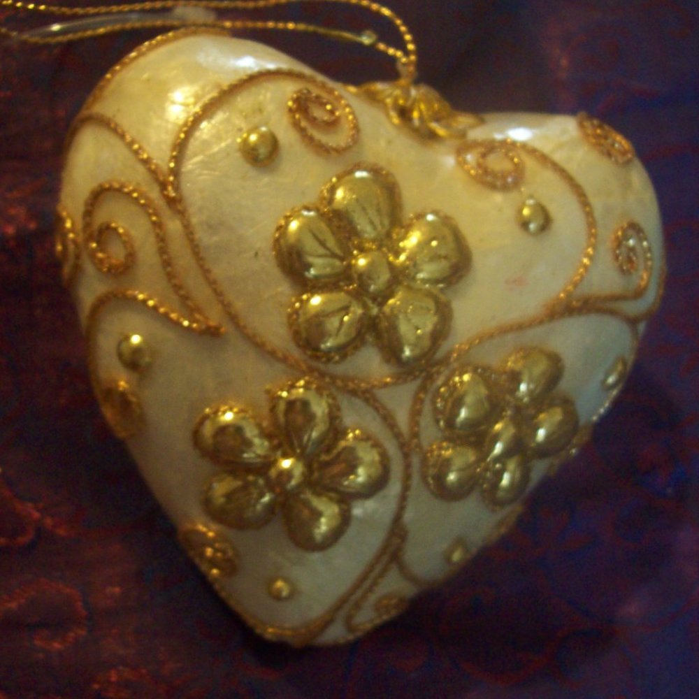 Heart Shaped Ornament Made in Philippines from Capiz Shells and Gold Trim